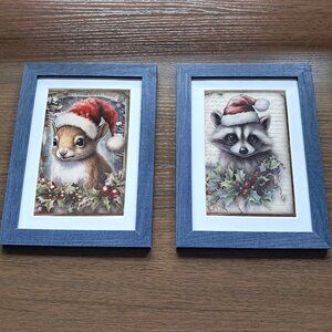 Pair of 5 X 7 Christmas Critters - Chipmunk & Raccoon Denim blue wooden frames.